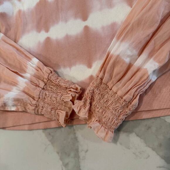 DKNY Long Sleeve Pink Tie-Dye Ribbed Top Women's Small Scoop Neck Smocked Cuffs - Picture 3 of 7